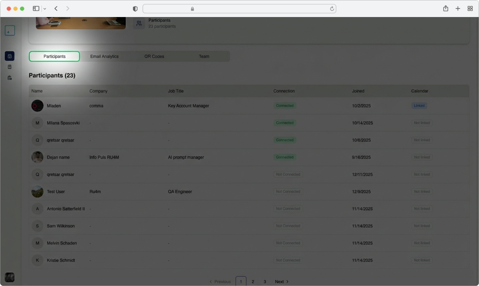 The Participants tab showing a table of all registered attendees with their details