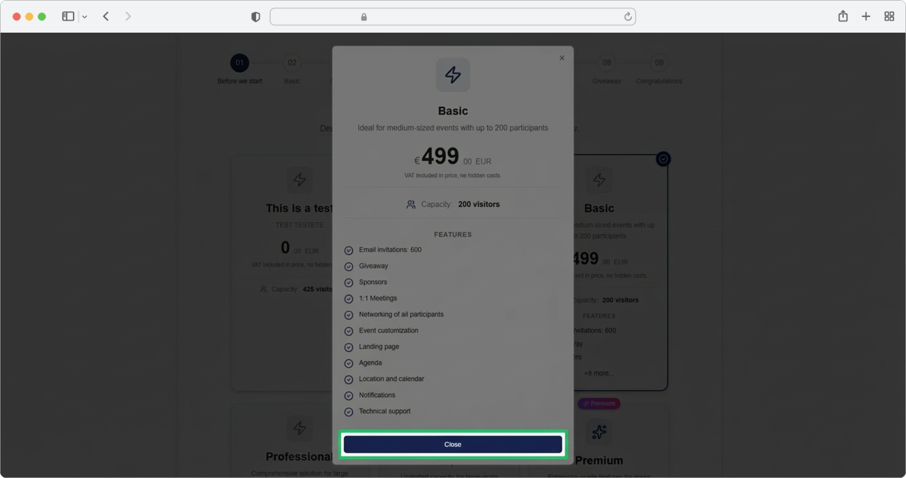 A detailed tier card showing all features and participant limits — click Close to go back